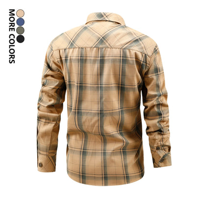 Men's Turn-Down Collar Plaid Long Sleeve Shirt Button Front Breathable Casual Light Business Tops