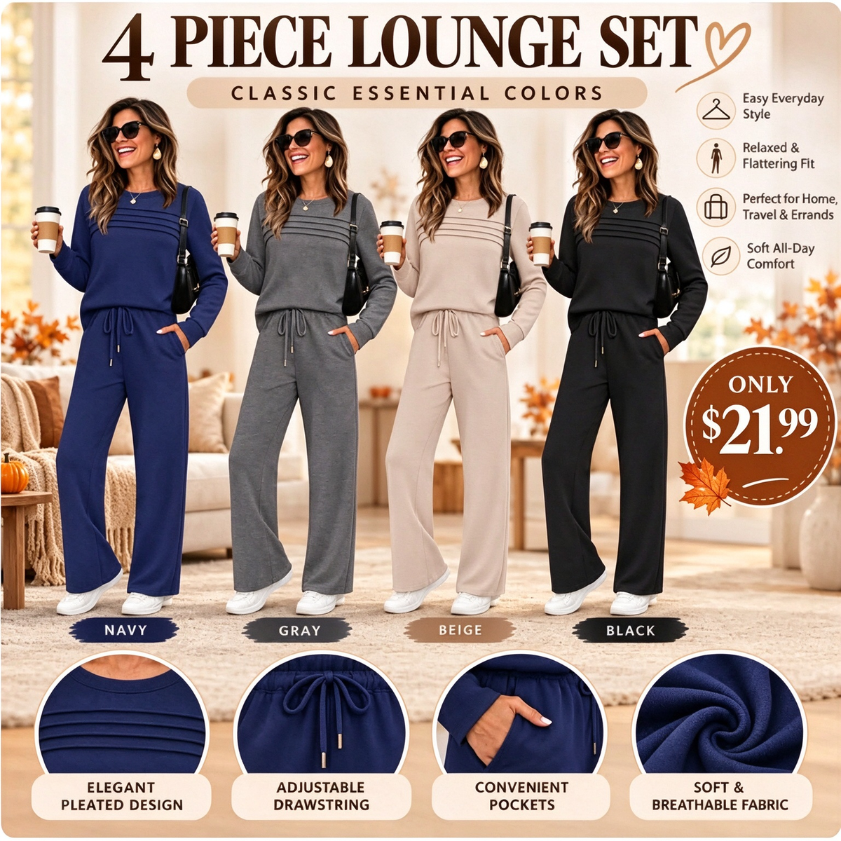 Women's Crew Neck Top & Drawstring Pants Set