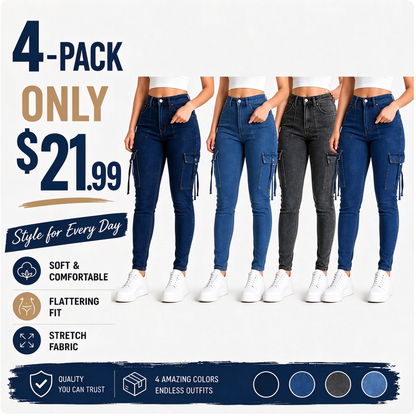 🔥BLACK FRIDAY SPOOKY SAVE🔥Women's Plain Multi-pocket Denim Elastic Slim Fit Button Cargo Denim Pants