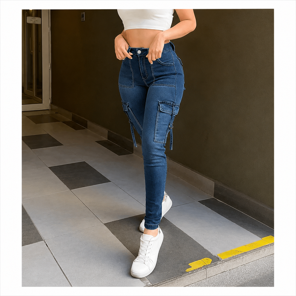 🔥BLACK FRIDAY SPOOKY SAVE🔥Women's Plain Multi-pocket Denim Elastic Slim Fit Button Cargo Denim Pants