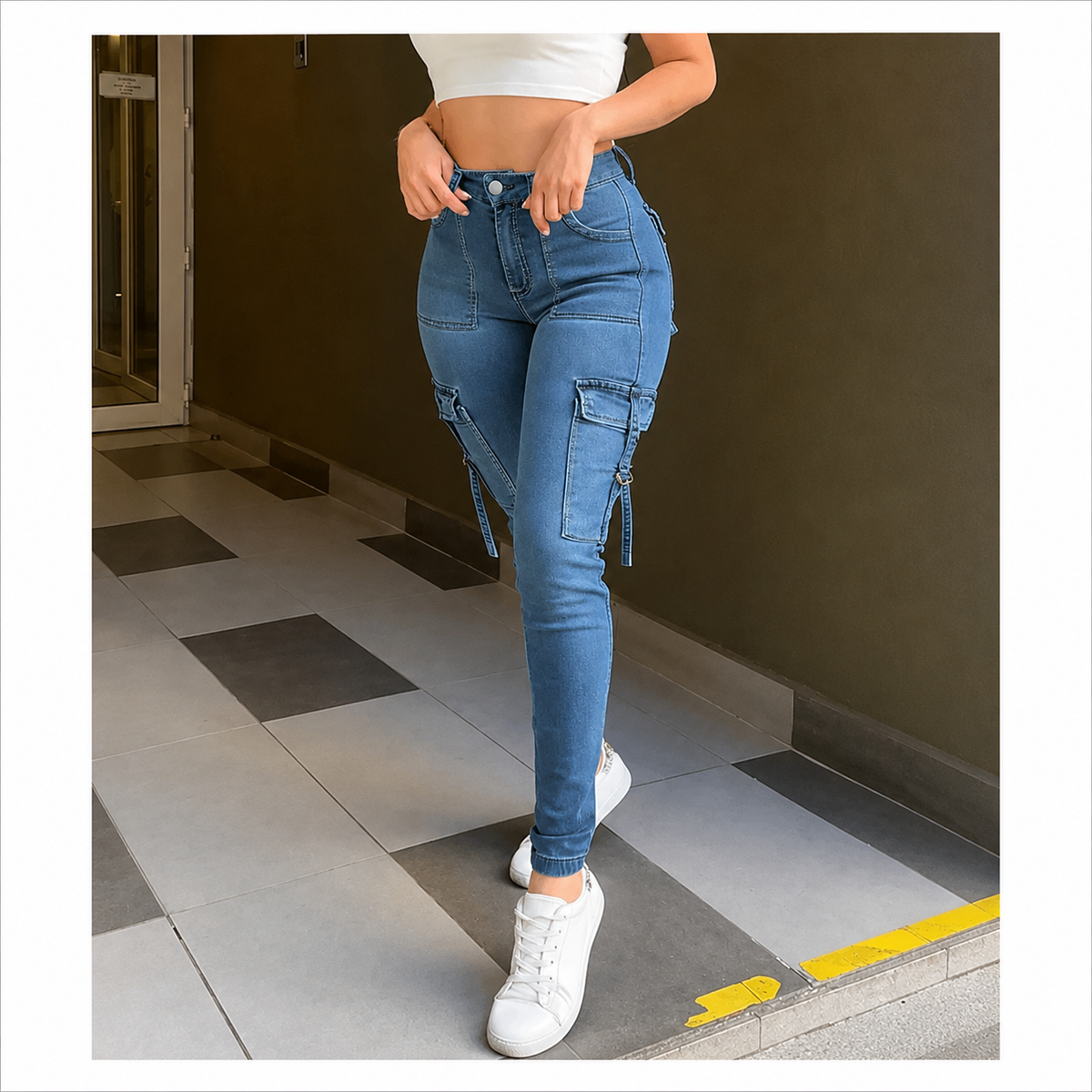🔥BLACK FRIDAY SPOOKY SAVE🔥Women's Plain Multi-pocket Denim Elastic Slim Fit Button Cargo Denim Pants