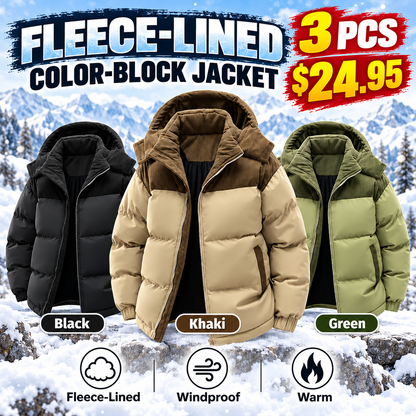🔥 BESTSELLER | 3PCS $24.95 | Men's Fleece-Lined Color-Block Hooded Winter Jacket