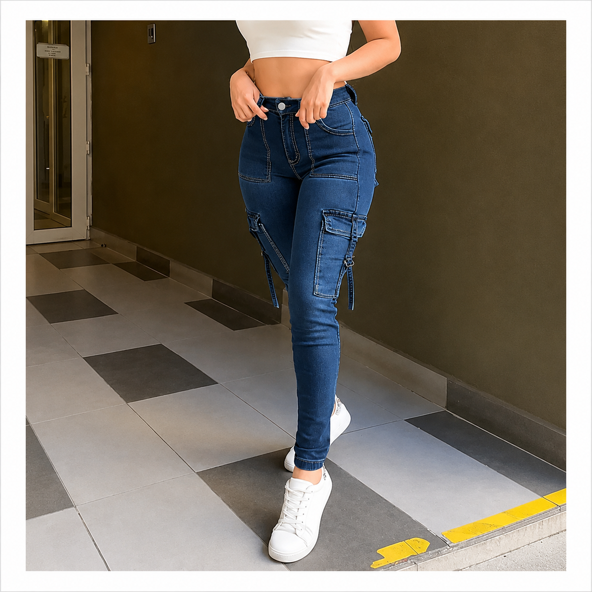 🔥BLACK FRIDAY SPOOKY SAVE🔥Women's Plain Multi-pocket Denim Elastic Slim Fit Button Cargo Denim Pants