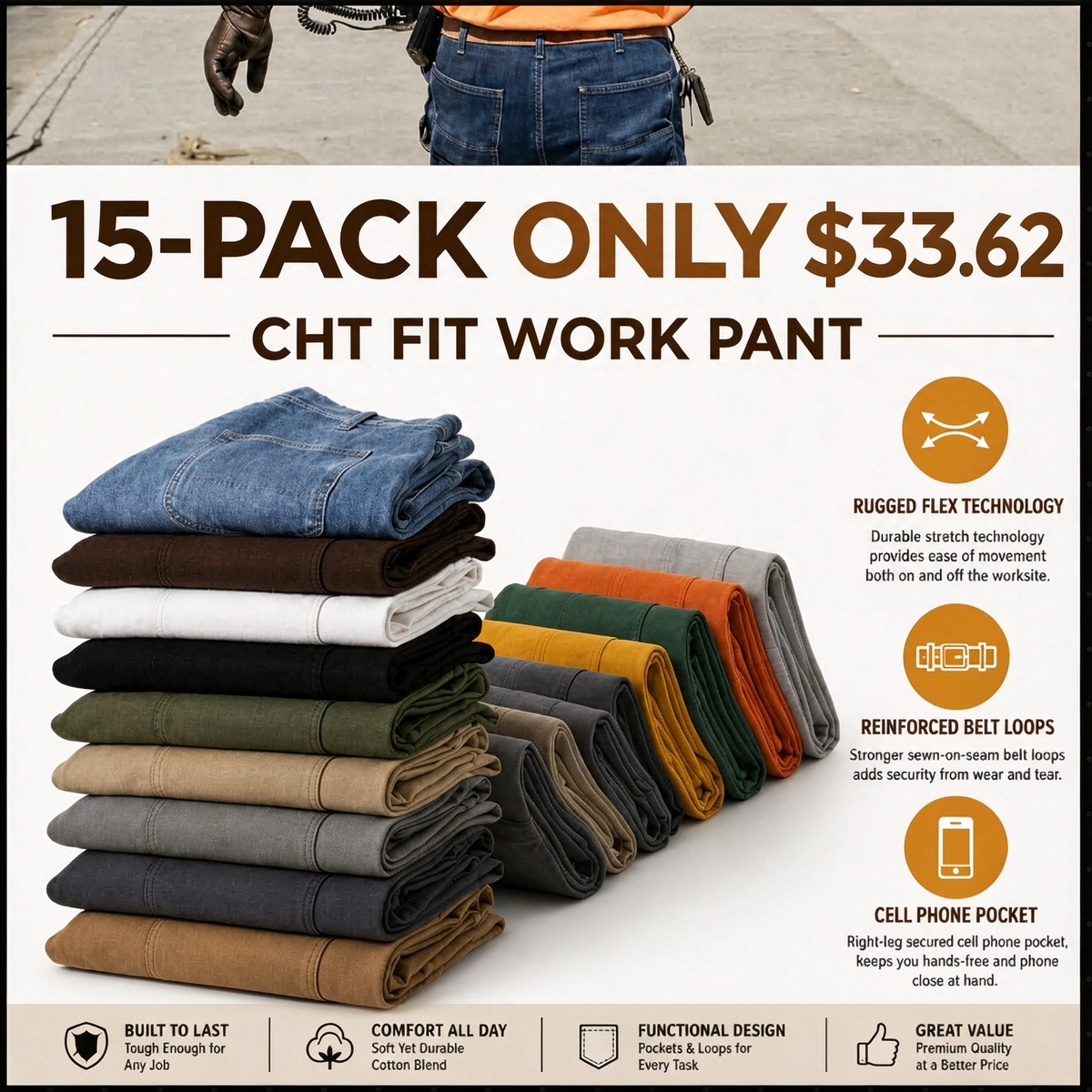 Ends at Midnight ! CHT Men's Flex Relaxed Straight Work Pants Rigby Pant