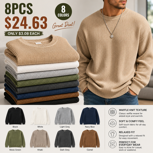 🔥 BESTSELLER | 8PCS $24.63 | Men's Waffle Knit Crewneck Sweater