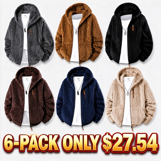 Men's Jacquard Thermal Fleece Zip-Up Hoodie, Loose Fit Warm Plush Texture Hooded Jacket with Kangaroo Pockets