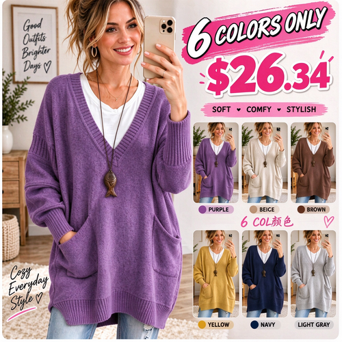 Women Oversized V‑Neck Multi‑Pocket Loose Long Knit Sweater