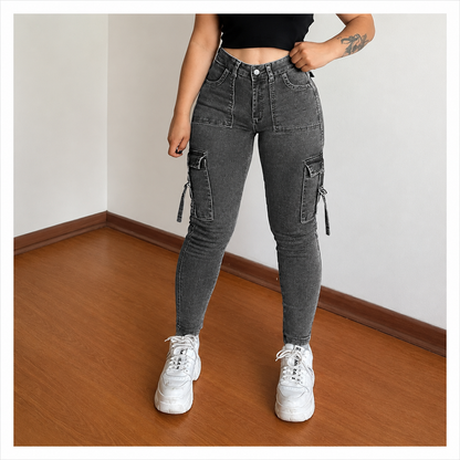 🔥BLACK FRIDAY SPOOKY SAVE🔥Women's Plain Multi-pocket Denim Elastic Slim Fit Button Cargo Denim Pants
