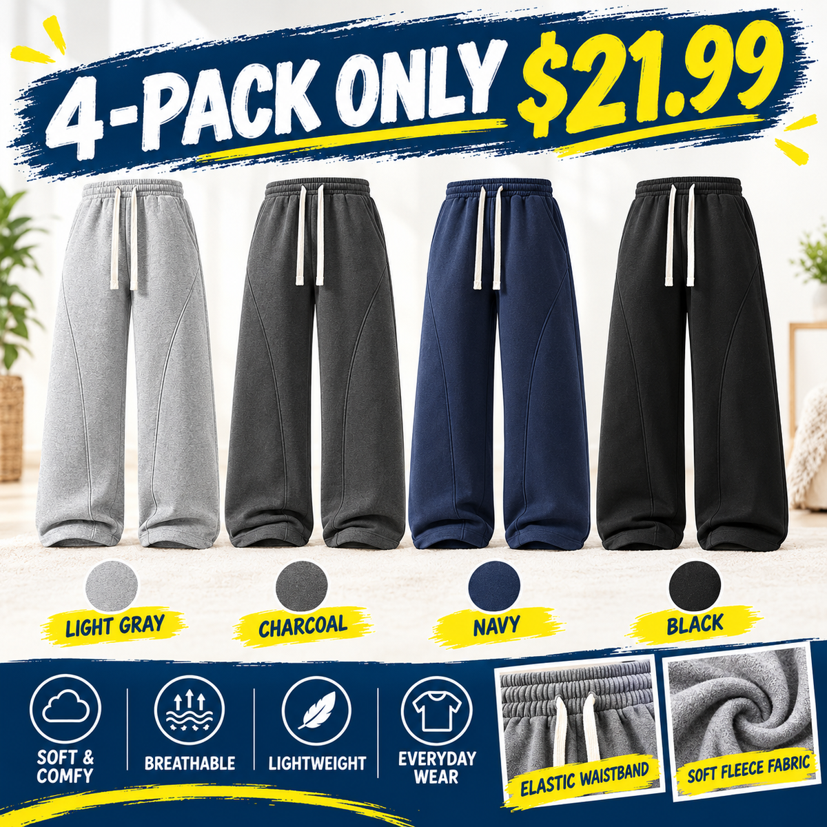 Unisex Fleece-Lined Warm Athletic Pants – Plus-Size Loose-Fit Casual Trousers with Drawstring Waist