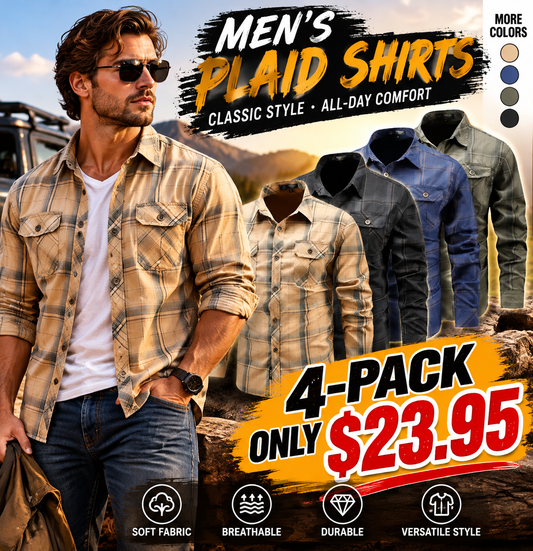 Men's Turn-Down Collar Plaid Long Sleeve Shirt Button Front Breathable Casual Light Business Tops
