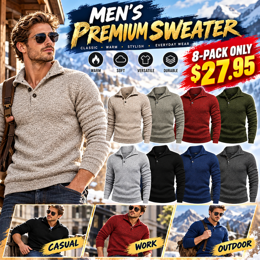 Men's Quarter Button Henley Sweater Casual Knitted Sweatshirt Mock Neck Thermal Fleece Pullover Sweater with Pocket