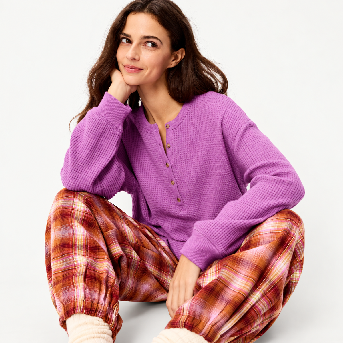 40% off everything! Women waffle knit henley long sleeve tee