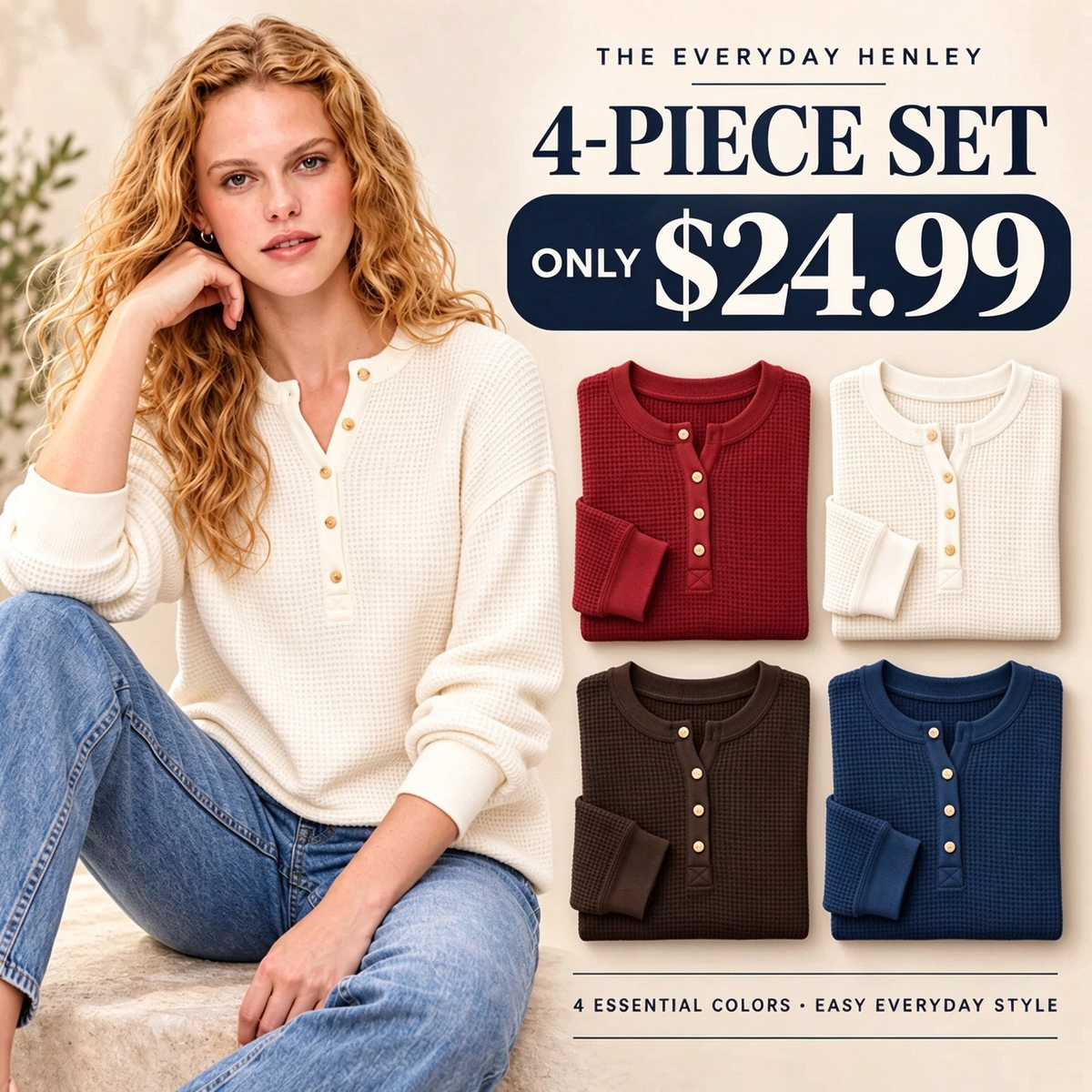 40% off everything! Women waffle knit henley long sleeve tee