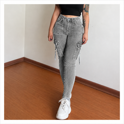 🔥BLACK FRIDAY SPOOKY SAVE🔥Women's Plain Multi-pocket Denim Elastic Slim Fit Button Cargo Denim Pants