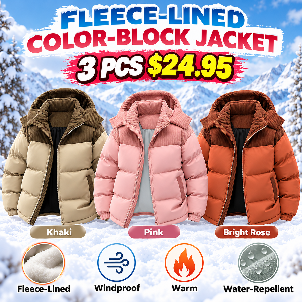 🔥 BESTSELLER | 3PCS $24.95 | Men's Fleece-Lined Color-Block Hooded Winter Jacket