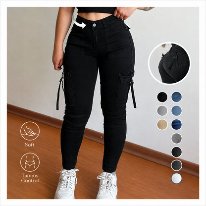 🔥BLACK FRIDAY SPOOKY SAVE🔥Women's Plain Multi-pocket Denim Elastic Slim Fit Button Cargo Denim Pants