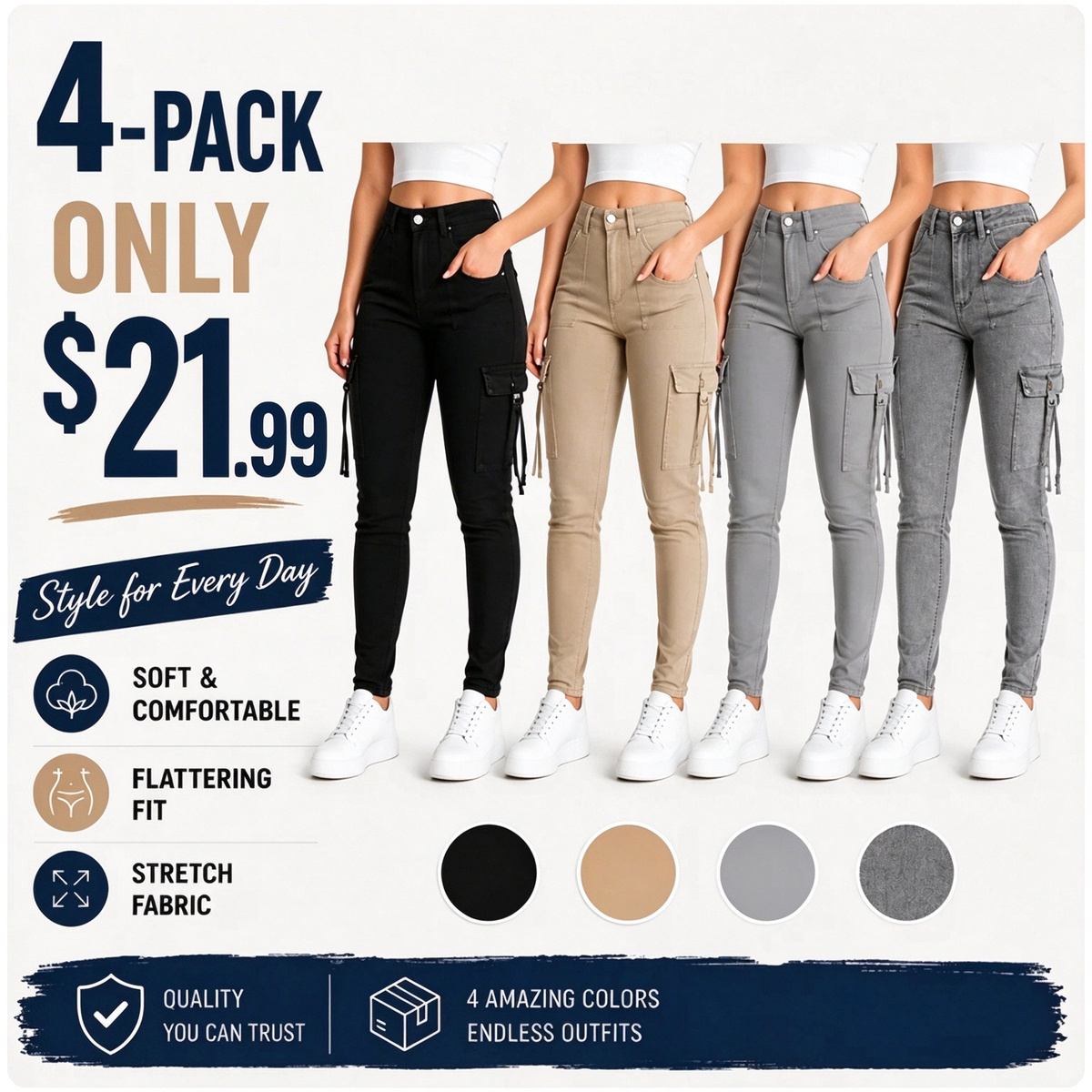 🔥BLACK FRIDAY SPOOKY SAVE🔥Women's Plain Multi-pocket Denim Elastic Slim Fit Button Cargo Denim Pants